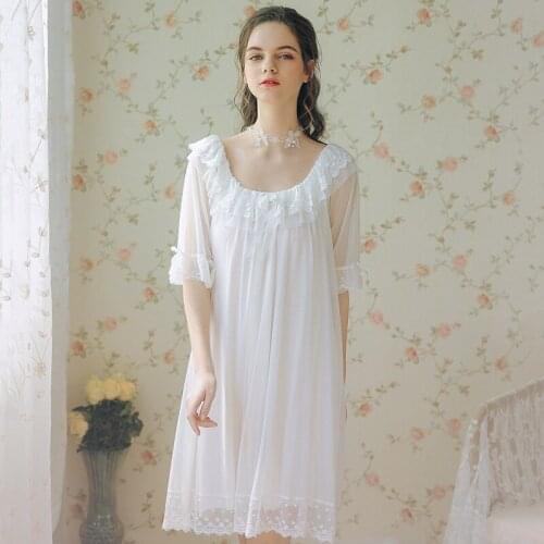 Women Lace Nightdress Ruffle Lolita Sleepwear Ladies Short Sleeve Nightie Victorian Sleepwear Loungewear Summer 233-235