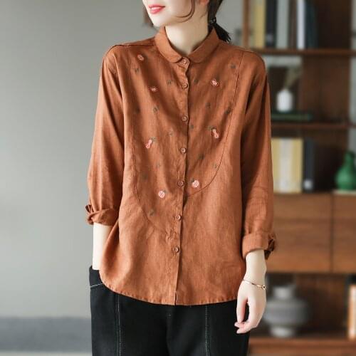 Spring New Artistic Retro Loose Long Sleeve Top Linen Embroidery Stitching Womens Shirt Womens Tops
