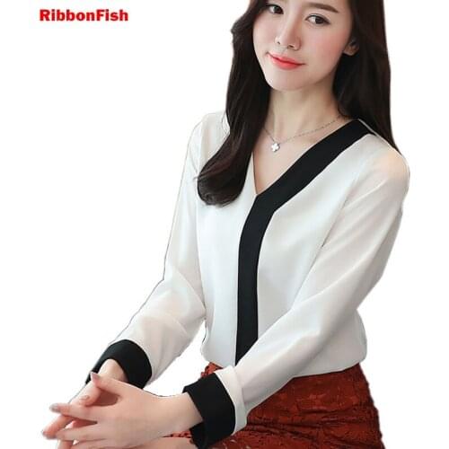 RibbonFish Women Spring Autumn Style Chiffon Blouses Shirts Lady Girls Full Sleeve Patchwork V-neck Casual Blusas M-XXL DD1428