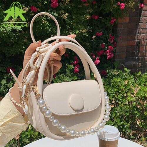 Fashion Cute Pearl Chain Ladies Handbag Quality PU Leather Solid Color Messenger Bag 2021 Cute Elegant Small Shoulder Bag Female