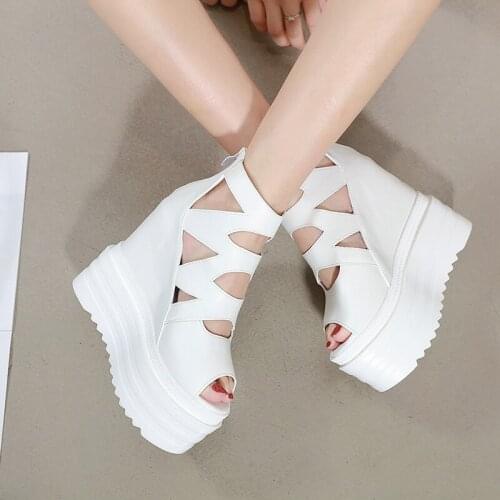European wedges with high-heeled sandals muffin thick-bottom fish mouth shoes new internal increase womens shoes sandals13.5 cm