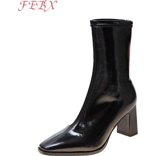 Womens Square Ankle Boots Fashion 2021 Ladies Pointed Toe Shoes Platform PU Leather Women Slip On Boots Female Footwear New Hot