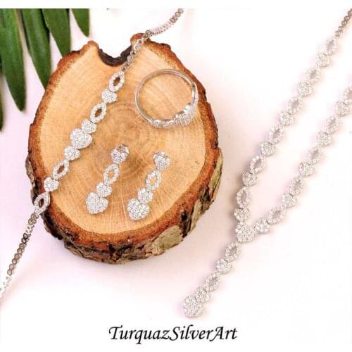 Woman Dainty Heart Zirconia 925 Silver Jewelry Set, Zirconia ring, Zirconia Bracelet, Zirconia Necklace, White Zirconia