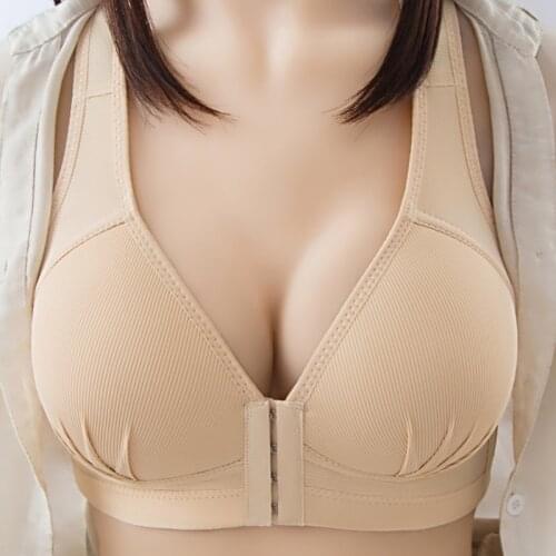 Women Sexy Push Up Sports Bra Plus Size Front Closure Solid Color Bralette Wireless Padded Brassiere V-Neck Underwear
