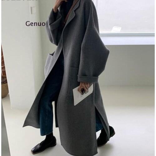 Casual Oversized Long Blend Coats Women 2020 Winter Side Split Lace-Up Female Outwear Elegant Ladies Woolen Jackets