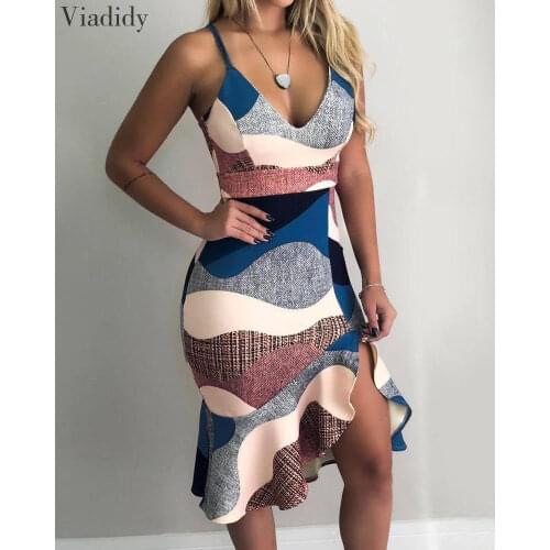 Women Spaghetti Strap Colorblock Print Dress Sexy Floral Print Deep V Neck Side Slit Ruffles Bodycon Party Dress