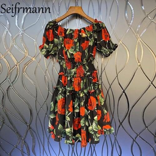 Seifrmann New 2021 Autumn Women Fashion Runway Party Mini Dress Sexy Slash neck Ruffles Rose Floral Print Ladies Cotton Dresses