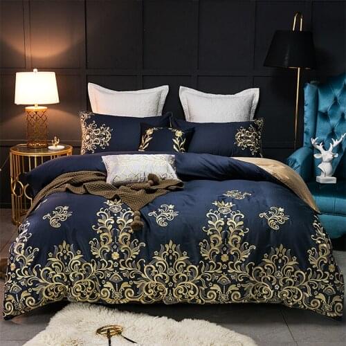 Golden 80S Egyptian Cotton Luxury Embroidery Royal Bedding set Queen King Lace Duvet cover Bed sheet Blue Black Pillowcase 4/6pc