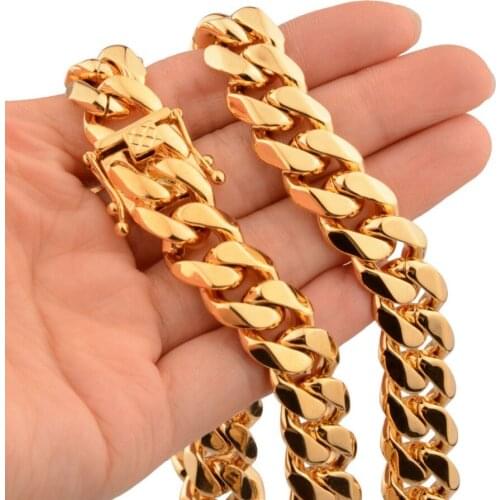 15MM Christmas Gift 316L Stainless Steel Gold Color Cool Miami Cuban Curb Link Chain Mens Necklace Or Bracelet Trendy Jewelry