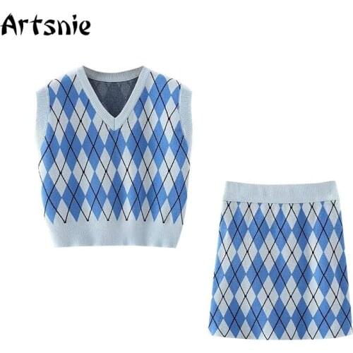 Artsnie Vintage Argyle Two Piece Set Women Crop Vest and Pencil Skirts Streetwear Blue Tracksuits Knitted Two Piece Set Outfits