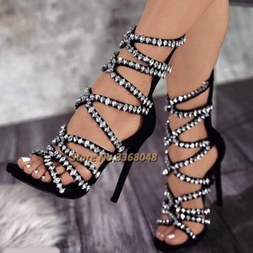 Crystal Stiletto Heels Sandals Strappy Shiny Open Toe Evening Shoes Cut Out Rome Dress Women Shoes Back Zipper Thin Heels Shoes