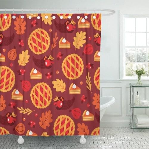 Shower Curtain Thanksgiving Day Pumpkin Pie Cranberry Branches Cornucopia Oak Leaves Waterproof Polyester Fabric 72 x 78 inches