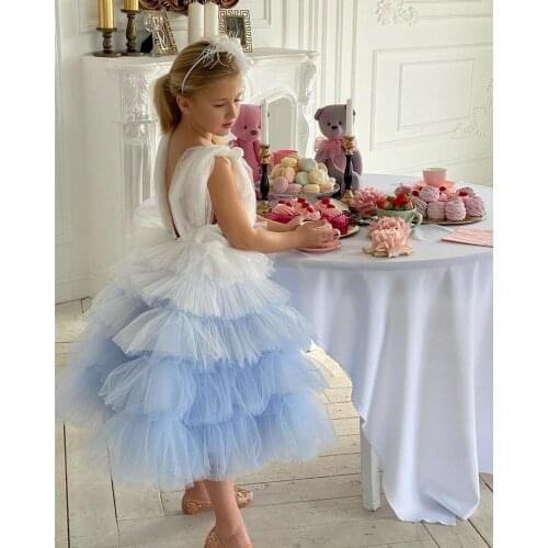 Elegant Girls Light Blue Dresses Knee Length Girls Birthday Dresses Girls Celebrity Gowns Light Blue Tiered Flower Girl Dresses
