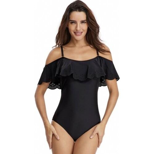 Summer Womens Conservative Split Leisure Swimsuit Ladies Hollow U-neck Ruffled Pleated Black Swimwear Bikini