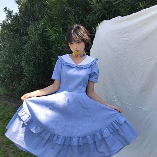 College style sweet lolita dress vintage ruffled puff sleeve falbala stripe victorian dress kawaii girl gothic lolita op loli