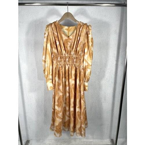 Fashion Ladies 2021 New Sleeve V-neck Pleated Waist Printed Long Dress 0312