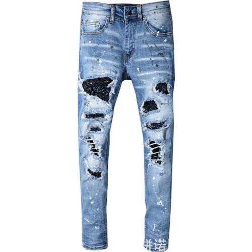 2019 Men Stretchy Ripped Skinny Biker Embroidery Print Jeans Destroyed Hole Taped Slim Fit Denim Scratched High Quality Jean