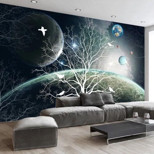 Custom Any Size Mural Wallpaper 3D Earth Stars Trees Flowers And Birds Photo Wall Paper Living Room Self-Adhesive Sticker Decor