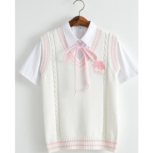 Wholesale Cute Preppy Style Women Sweater Vest Cheese Embroidery Jaapnese Student Girls JK Uniform Knitted Vest Soft Vintage Top