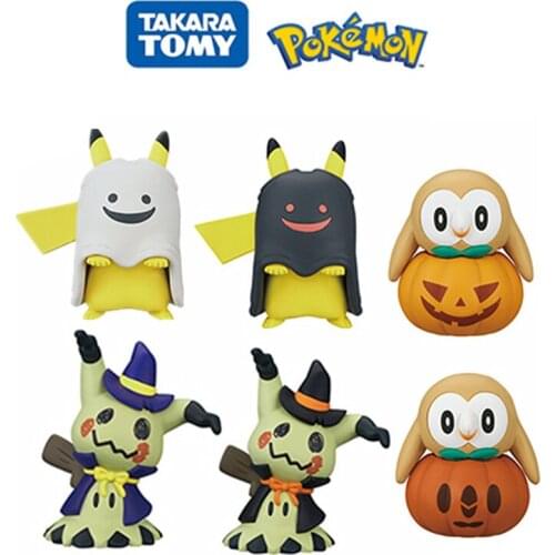 TAKARA TOMY Genuine Capsule Toy Pikachu Mimikyu Rowlet Pumpkin Lantern Kawaii Halloween Decoration Decoration Movable Doll Toy