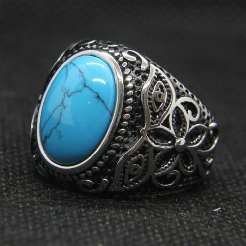 Drop Ship 7-13 Personal Design Cool Fashion Blue Turquoise Ring 316L Stainless Steel Mens Pattern Ring