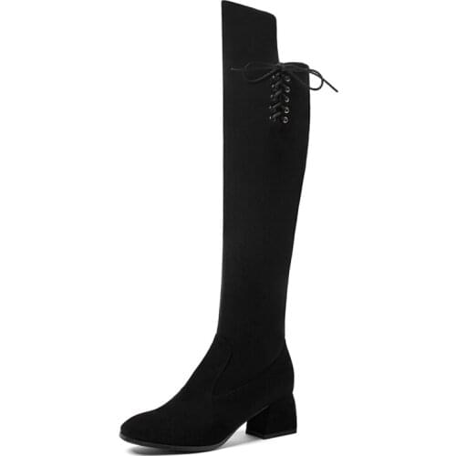 Oversized Black Suede Square Heel Lace-Up Over-The-Knee Boots Thick Heel Nubuck Leather Side Zipper Boots Ultra Small Size