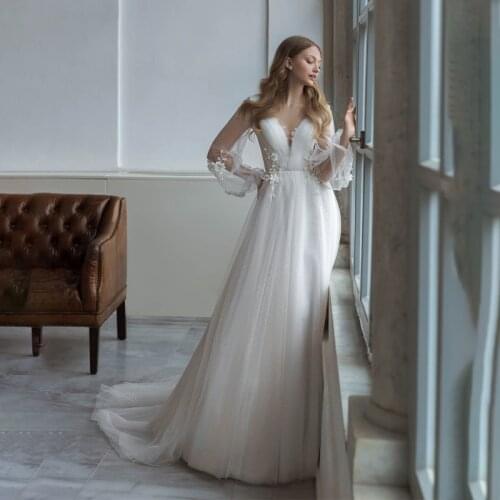 Sexy Deep V-Neck Long Sleeve Wedding Dress Handmade Flower Tulle Backless Bridal Gowns robe de soirée de mariage платье