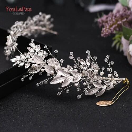 TOPQUEEN HP272 Silver Leaf Bridal Tiara Wedding Headband Pearl Hair Jewelry Luxury Clear Crystal Bridal Tiara Hair Accessories