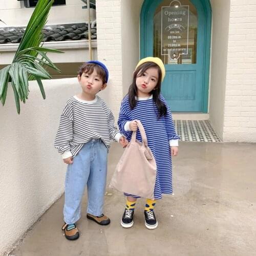 Spring New Brother And Sister Casual Striped Long Sleeve Sweatshirts Boys Short Top Girls Loose Long Dress