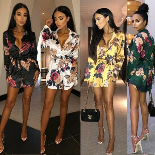 Women Floral Satin Silk Long Sleeve Ladies T Shirt Tops Loose Short Mini Dress Summer Beach Dress