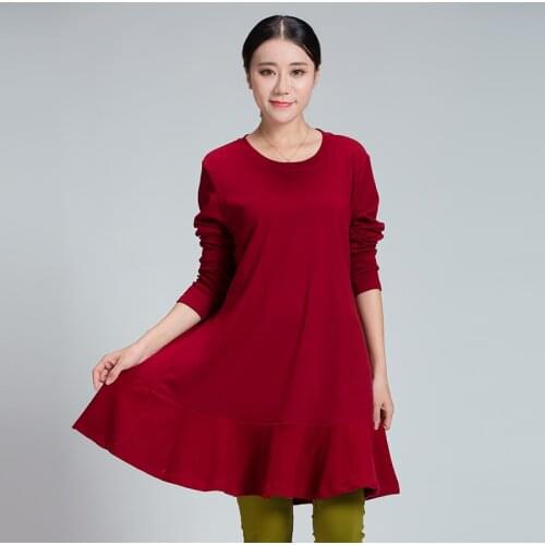New 2017Autumn Winter female big size clothing high end cotton loose long T-shirt Ruffled hem flare tops TEES XXXL XXXXL XXXXXL