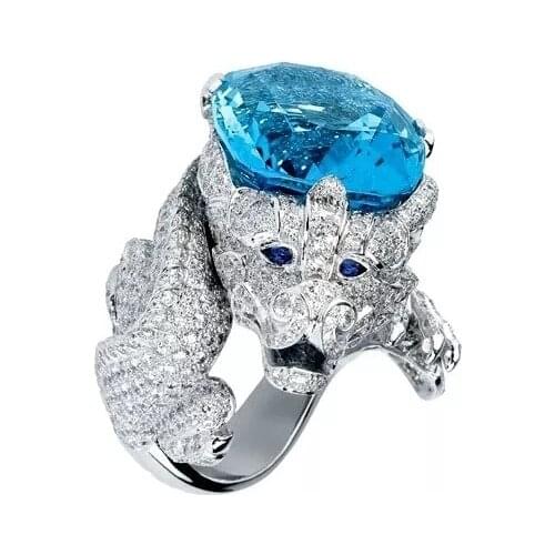 Womens Fashion 925 Silver Color Ring Elegant Unique Dragon Shape Sapphire Jewelry Wedding Engagement Party Ring Size 5-11