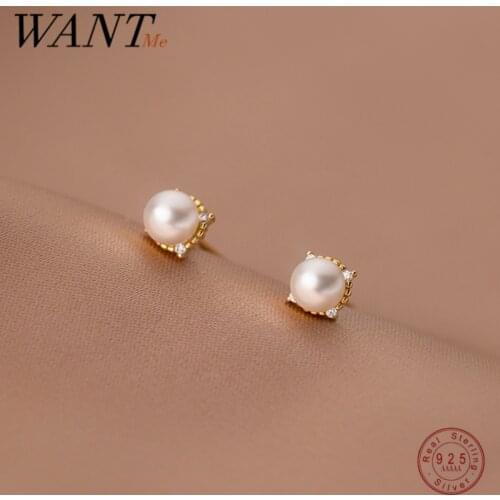 WANTME 925 Sterling Silver Simple Fashion Pearl Mini Small Stud Earrings Women Cute Summer Chic Teen Korean Jewelry Accessories