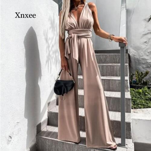 2021 Summer Elegant Solid V Neck Jumpsuit Women Sexy Sleeveless Backless Romper Ladies Fashion Bandage Belt Wide Leg Playsuits