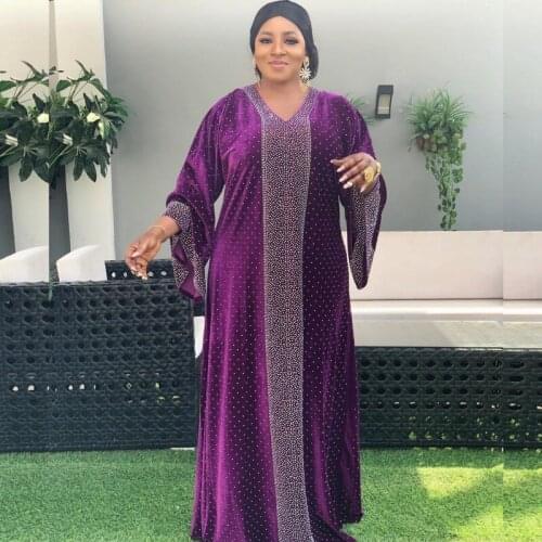 Dashiki African Maxi Dresses For Women Flare Sleeve V Neck Gowns Robe Boubou Autumn Fashion Diamonds Velvet Party Dress Vestidos