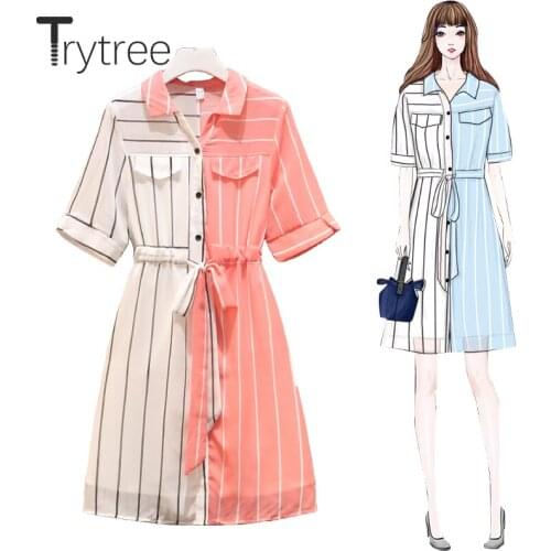 Trytree 2020 Spring Autumn Dress Women Casual Turn-down Collar Single Breasted A-line Drawstring Fashion Patchwork Stripe Dress