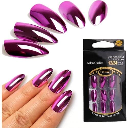 24pcs Fake Nails Magic Mirror Chrome Stiletto Artificial Nails Full Cover False Nail Art Tips Manicure Press On Nails Charms