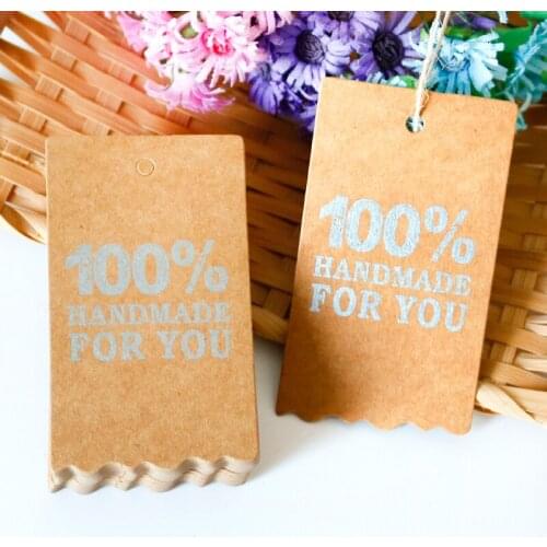 50pcs Kraft Hang Tag HANDEMADE FOR YOU Silver Color Print Wavy Edge Wedding Party Paper Cards Gift Hang Tag Sewing Garment Tags