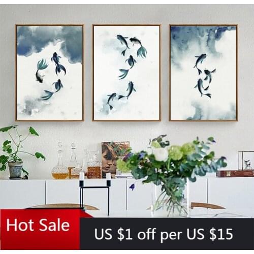 Abstract Ink-blue Fish Group Canvas Painting Ink Chinese Style Landscape Posters And Prints Wall Art For Living Room Home Decor