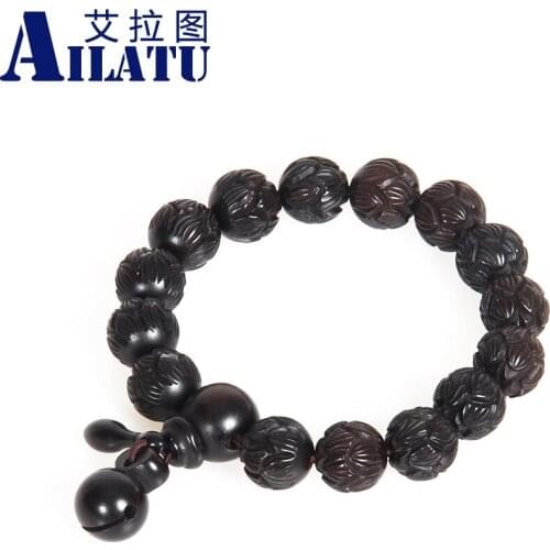 Ailatu Wholesale 10pcs/lot 10mm, 12mm, 15mm Lightning Wood Carved Lotus Beaded Wooden Fish Tibetan Mala Prayer Bracelet