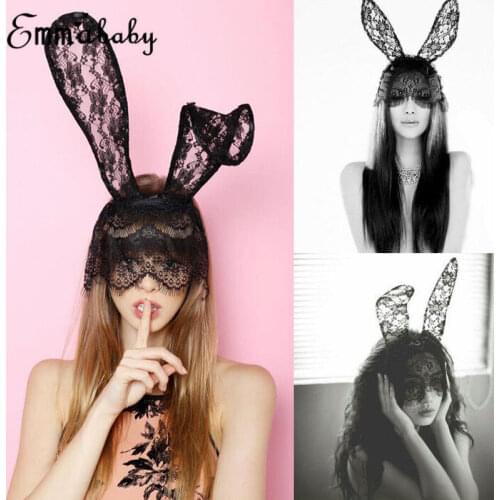 Black Sexy Lace Masquerade Mask Women Halloween Costume Party Rabbit Bunny Ears Lace Eye Mask Black