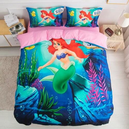 Disney Green Mermaid Ariel Sanding Bedding Set Children Women Girls Autumn Winter Duvet Cover Flat Sheet Pillowcases Twin Queen