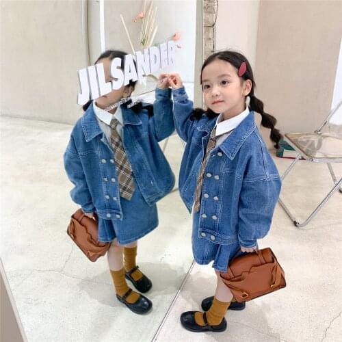 2-8 Years Toddler Girls Denim Coats 2021 Autumn New Baby Fashion Jackets Korean Casual Double Breasted Denim Outerwear For Girls