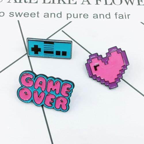 Pink Game Over Heart Enamel Pins Blue Gamepad Badge Brooch Denim Clothes Backpack Childhood Jewelry Gift For Friends kids