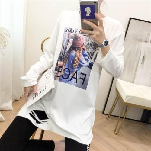 T-shirt Women Long Sleeve Printed Simple Trendy Korean Vision All-match Loose Womens Female T-shirts Students Daily Tee Clothing