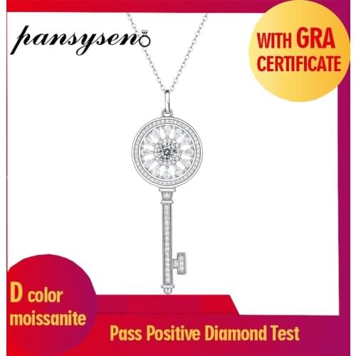 PANSYSEN Classic Key Shape 100% 925 Sterling Silver 0.5ct Real Moissanite Necklace Girls Wedding Engagement Party Gift Wholesale