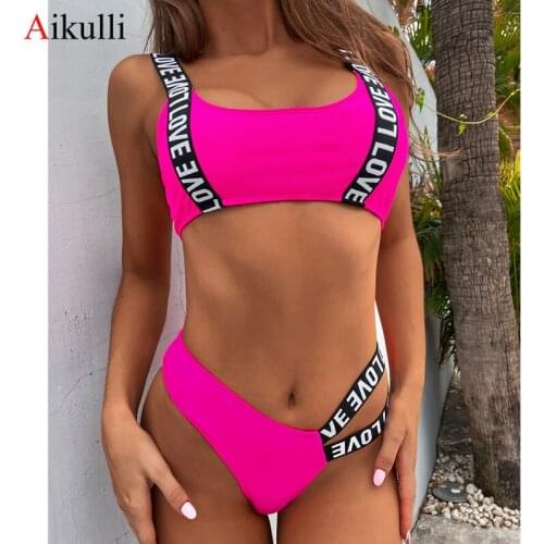 New Splicing Wide Strap Bikini Swimsuit Women Asymmetric Letter Printed Swimwear 2021 Summer Bikini Set Female Swim Bathing Suit