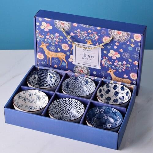 Company Activities Holiday Real Estate Gifts Blue and White Ceramic Bowl Yi Lu You Ni Tableware Set Custom Logo