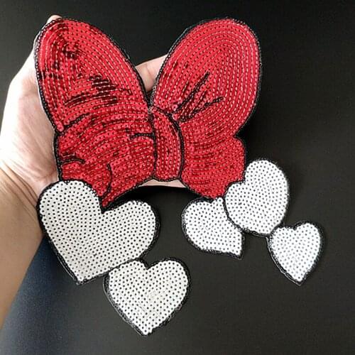 Heart Bowknot Patches For Clothing RedSequins Biker Badge Embroidery Fabric Patch Sequined Women Clothes Stickers Strange things