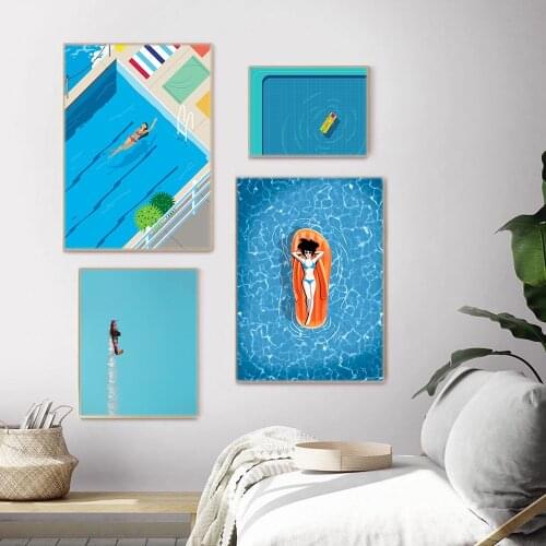 Nordic Abstract Wall Art Pictures Prints A Swimmer Swimming In A Pool Canvas Painting Summer Posters for Living Room Home Decor
